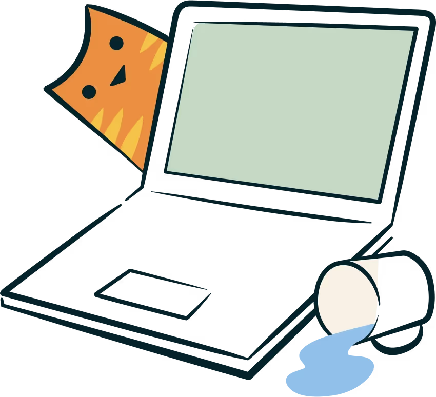 A Drawing of a Laptop With a Cat Peaking Out behind It and a Cup of Spilled Coffee